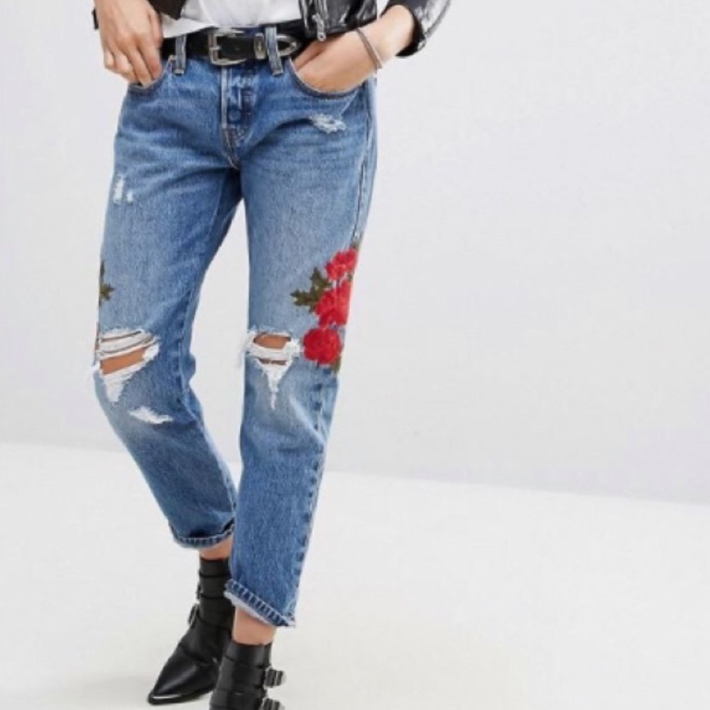 Levi's Blue Boyfriend Jeans with Red Floral Embroidery